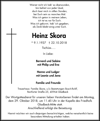 Traueranzeige von Heinz Skora von Stadtspiegel Gladbeck