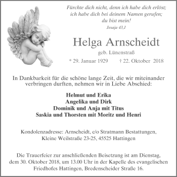 Traueranzeige von Helga Arnscheidt von Stadtspiegel Hattingen/Niedersprockhövel