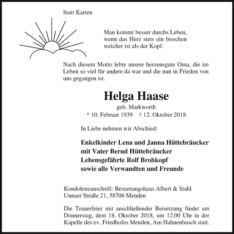  Traueranzeige für Helga Haase vom 17.10.2018 aus Stadtspiegel Menden + Froendenberg