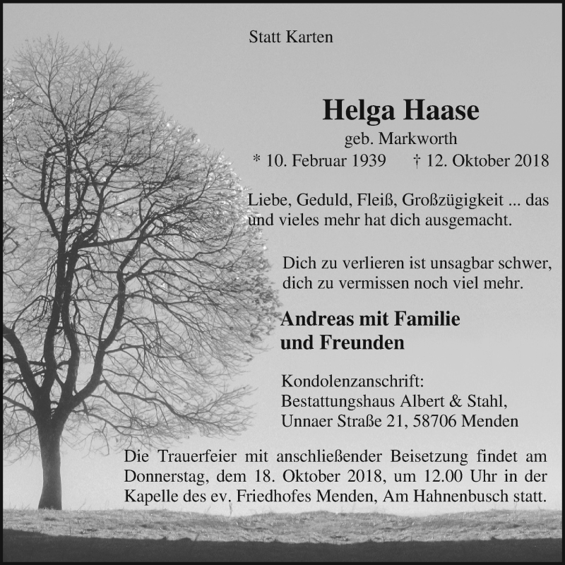  Traueranzeige für Helga Haase vom 17.10.2018 aus Stadtspiegel Menden + Froendenberg