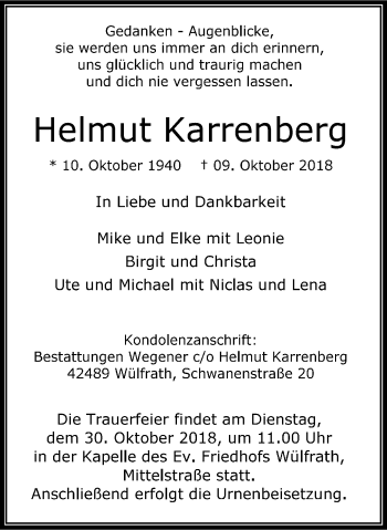 Traueranzeige von Helmut Karrenberg von Stadtanzeiger Velbert + Heiligenhaus