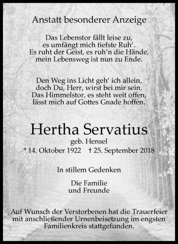 Traueranzeige von Hertha Servatius von Wochen-Anzeiger Langenfeld/Monheim/Hilden
