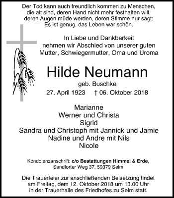 Traueranzeige von Hilde Neumann von Lüner Anzeiger