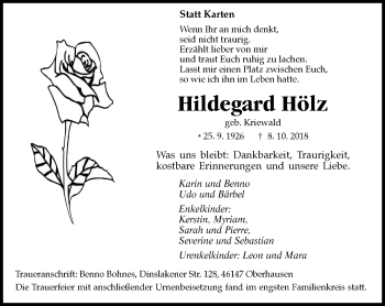 Traueranzeige von Hildegard Hölz von Wochen-Anzeiger Oberhausen