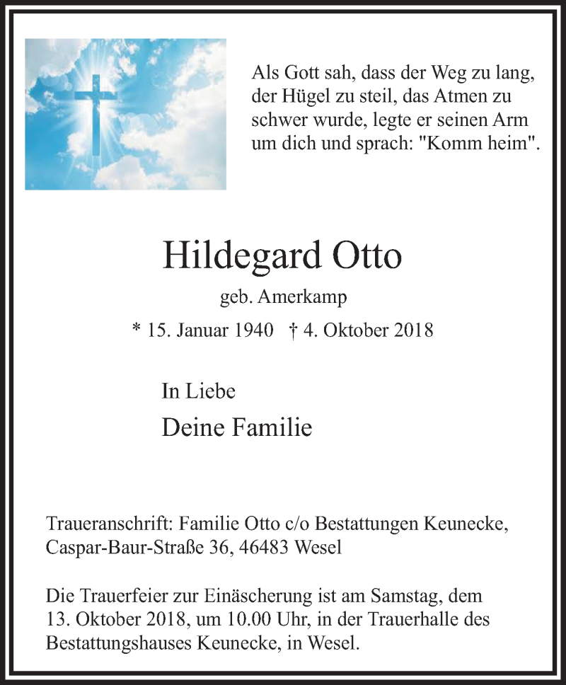  Traueranzeige für Hildegard Otto vom 10.10.2018 aus Der Weseler + Der Xantener