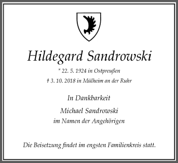 Traueranzeige von Hildegard Sandrowski von Mülheimer Woche