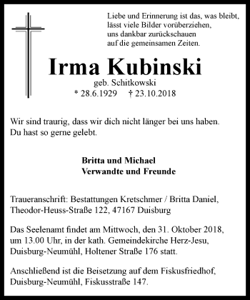 Traueranzeige von Irma Kubinski von Wochen-Anzeiger Duisburg