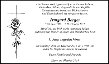 Traueranzeige von Irmgard Berger von Klever Wochenblatt