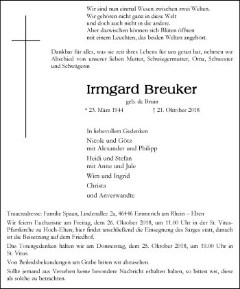 Traueranzeige von Irmgard Breuker von Stadtanzeiger Emmerich/Rees/Isselburg