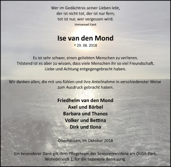 Traueranzeige von Ise van den Mond von Wochen-Anzeiger Oberhausen