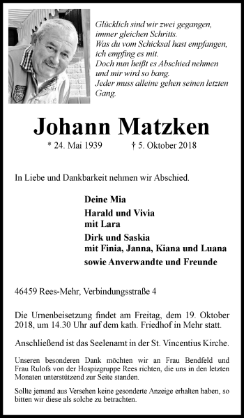 Traueranzeige von Johann Matzken von Stadtanzeiger Emmerich/Rees/Isselburg