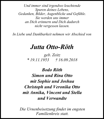 Traueranzeige von Jutta Otto-Röth von Mülheimer Woche