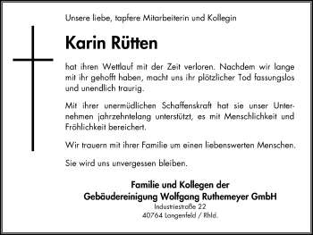 Traueranzeige von Karin Rütten von Wochen-Anzeiger Langenfeld/Monheim/Hilden