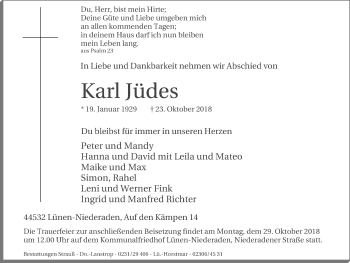 Traueranzeige von Karl Jüdes von Lüner Anzeiger