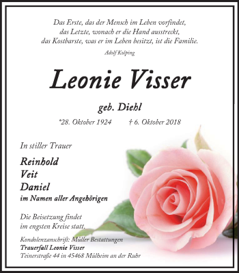Traueranzeige von Leonie Visser von Mülheimer Woche