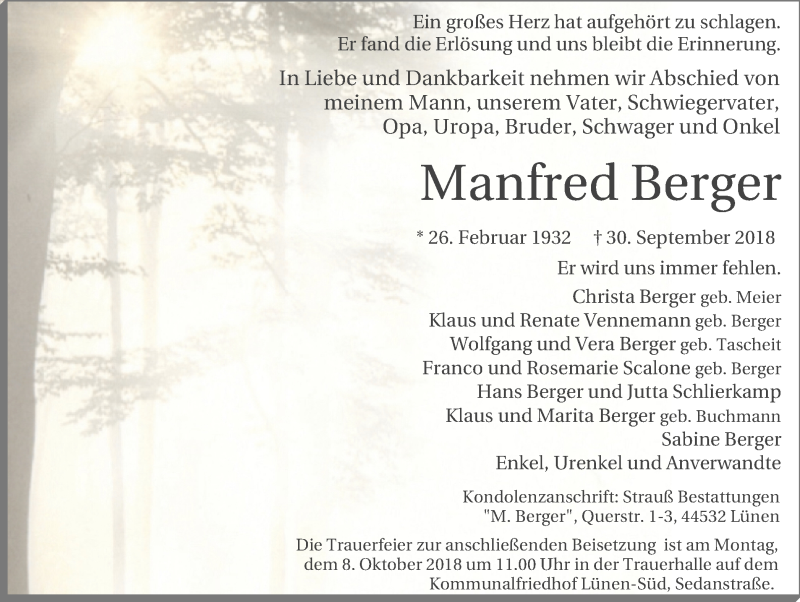  Traueranzeige für Manfred Berger vom 06.10.2018 aus Lüner Anzeiger