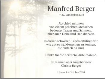 Traueranzeige von Manfred Berger von Lüner Anzeiger