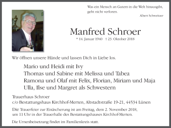 Traueranzeige von Manfred Schroer von Stadtspiegel Bochum + Wattenscheid