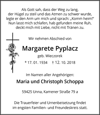 Traueranzeige von Margarete Pyplacz von Stadtspiegel Kamen + Unna