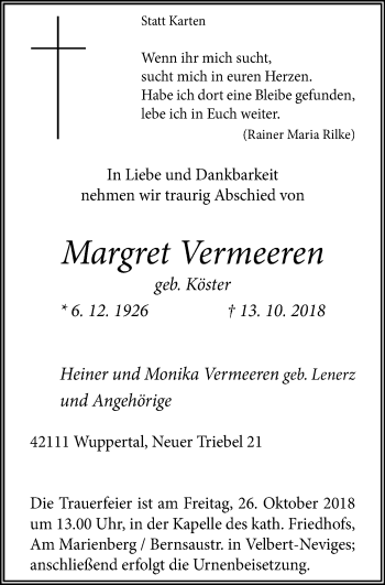 Traueranzeige von Margret Vermeeren von Stadtanzeiger Velbert + Heiligenhaus