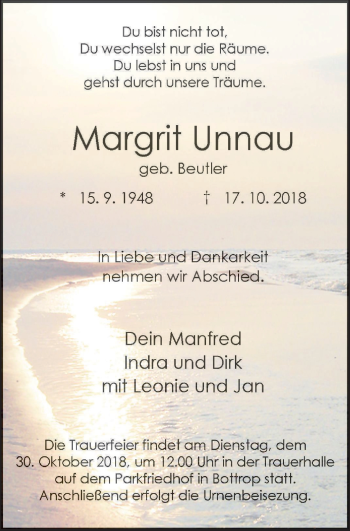 Traueranzeige von Margrit Unnau von Stadtspiegel Bottrop