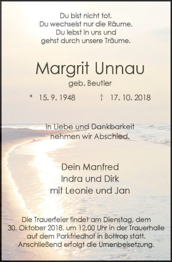 Traueranzeige von Margrit Unnau von Stadtspiegel Bottrop