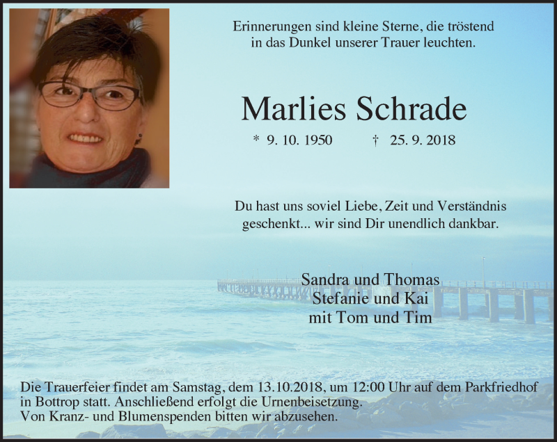  Traueranzeige für Marlies Schrade vom 06.10.2018 aus Stadtspiegel Bottrop