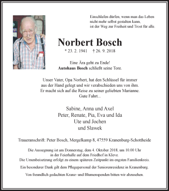 Traueranzeige von Norbert Bosch von Klever Wochenblatt
