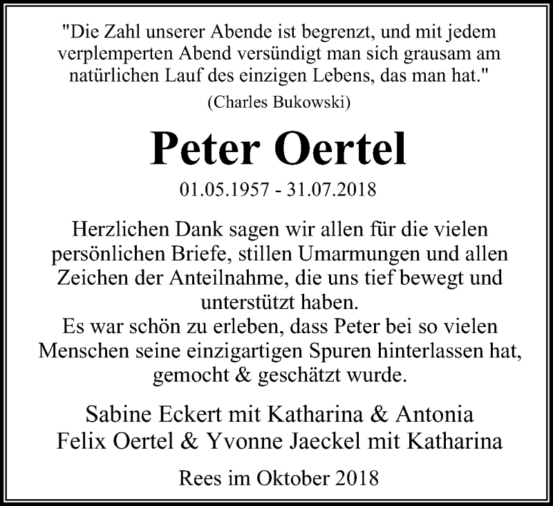  Traueranzeige für Peter Oertel vom 27.10.2018 aus Stadtanzeiger Emmerich/Rees/Isselburg