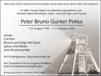 Traueranzeige von Peter Bruno Günter Pekka von Stadtspiegel Kamen + Unna