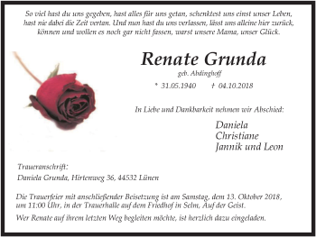 Traueranzeige von Renate Grunda von Lüner Anzeiger