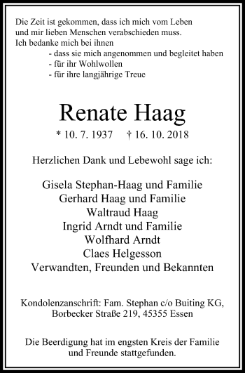 Traueranzeige von Renate Haag von Borbeck Kurier