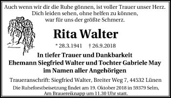 Traueranzeige von Rita Walter von Wochen-Anzeiger Oberhausen