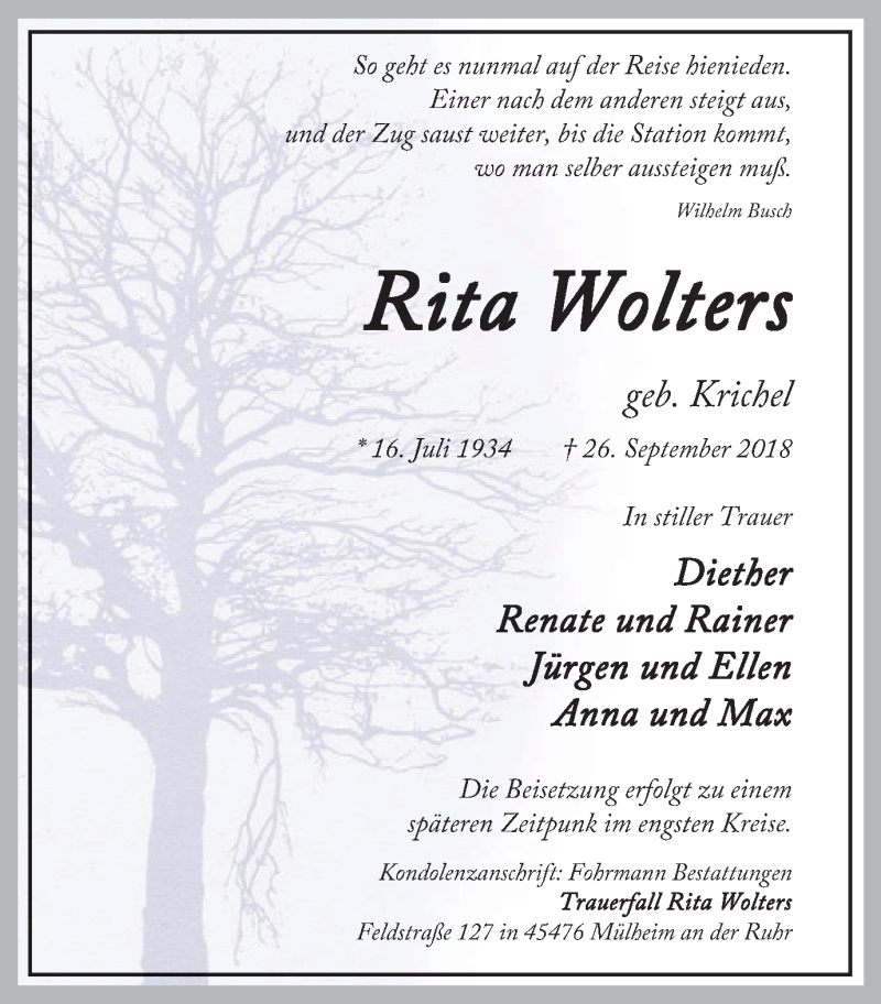  Traueranzeige für Rita Wolters vom 06.10.2018 aus Mülheimer Woche
