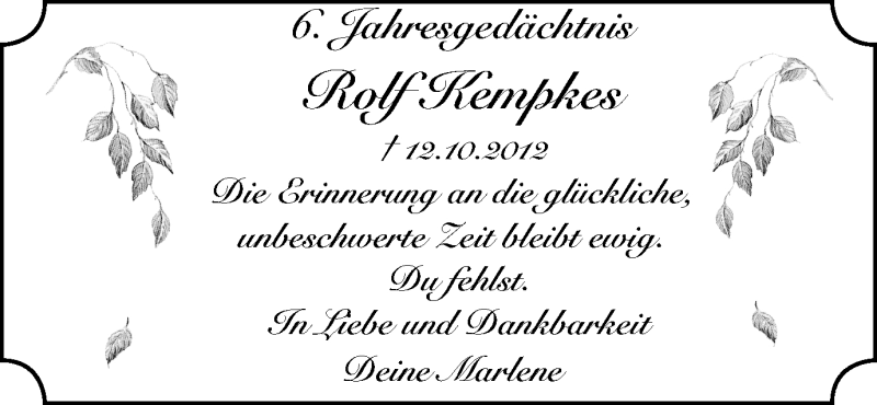  Traueranzeige für Rolf Kempkes vom 13.10.2018 aus Wochen-Anzeiger Oberhausen