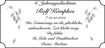 Traueranzeige von Rolf Kempkes von Wochen-Anzeiger Oberhausen
