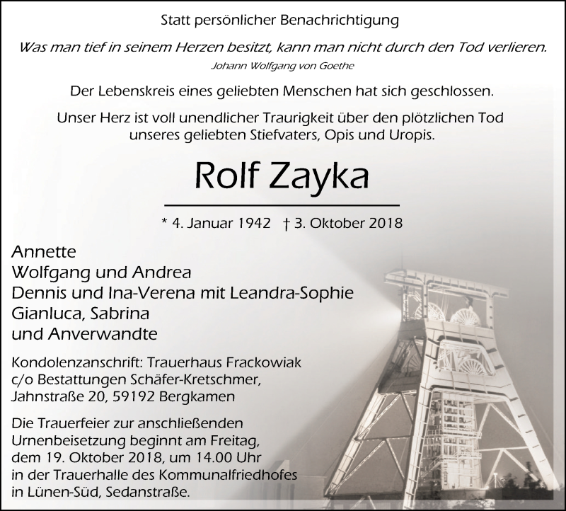  Traueranzeige für Rolf Zayka vom 13.10.2018 aus Lüner Anzeiger