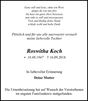 Traueranzeige von Roswitha Koch von Wochen-Anzeiger Oberhausen