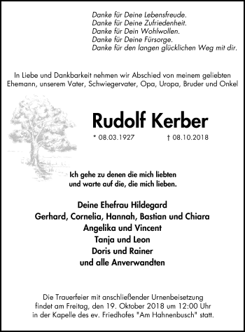Traueranzeige von Rudolf Kerber von Stadtspiegel Menden + Froendenberg