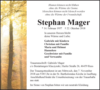 Traueranzeige von Stephan Mager von Stadtanzeiger Emmerich/Rees/Isselburg