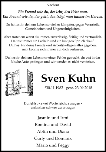 Traueranzeige von Sven Kuhn von Stadtspiegel Haltern + Dorsten