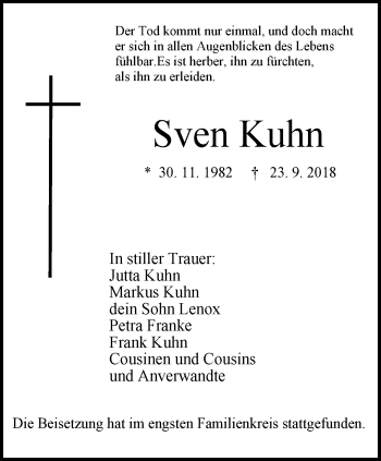 Traueranzeige von Sven Kuhn von Stadtspiegel Bottrop