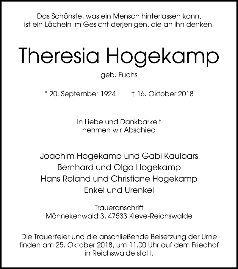  Traueranzeige für Theresia Hogekamp vom 20.10.2018 aus Klever Wochenblatt
