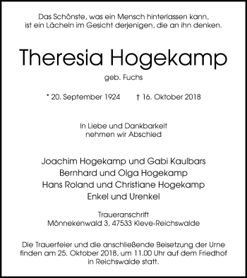 Traueranzeige von Theresia Hogekamp von Klever Wochenblatt