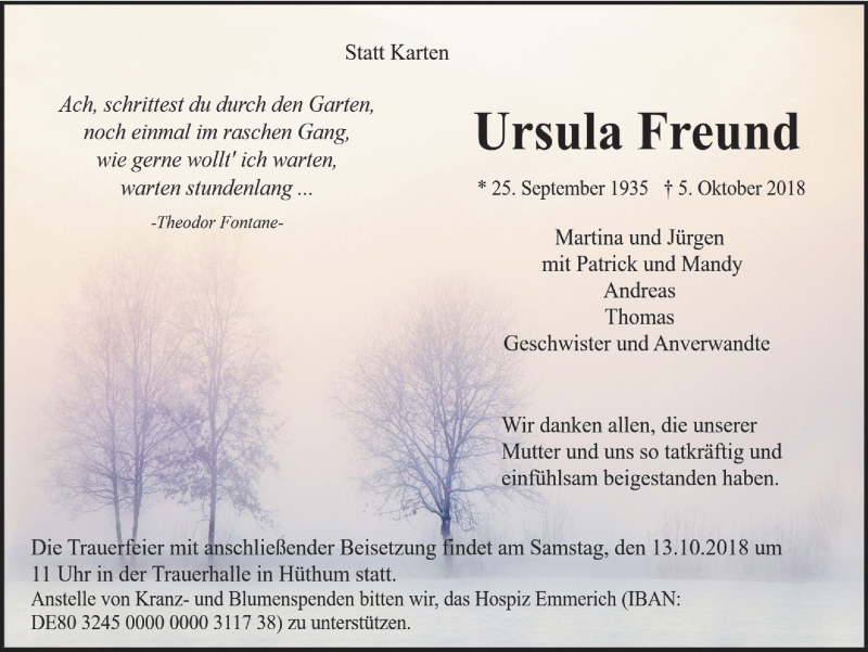  Traueranzeige für Ursula Freund vom 10.10.2018 aus Stadtanzeiger Emmerich/Rees/Isselburg