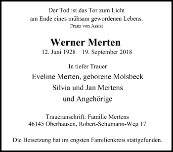 Traueranzeige von Werner Merten von Wochen-Anzeiger Oberhausen