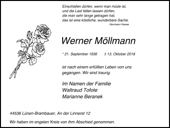 Traueranzeige von Werner Möllmann von Lüner Anzeiger