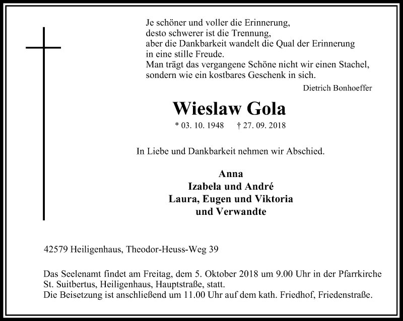  Traueranzeige für Wieslaw Gola vom 02.10.2018 aus Stadtanzeiger Velbert + Heiligenhaus