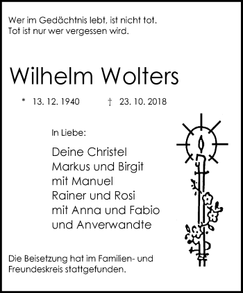 Traueranzeige von Wilhelm Wolters von Stadtspiegel Bottrop