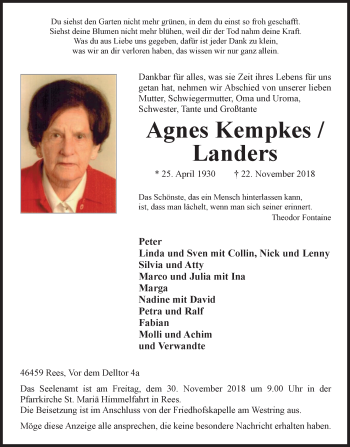 Traueranzeige von Agnes Kempkes von Stadtanzeiger Emmerich/Rees/Isselburg